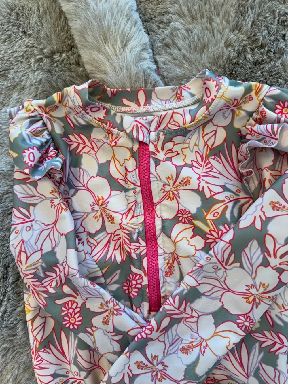 Little Girls wonder nation Pink & Gray Floral Long-Sleeve One-Piece Swimsuit